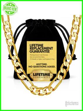 24k Gold Plated Figaro Chain Necklace Diamond Cut Heavyduty Clasp
